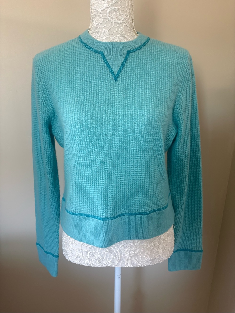 Frost 100% Cashmere Aqua Blue Waffle Knit Sweater XL Hong Kong Vintage Luxury